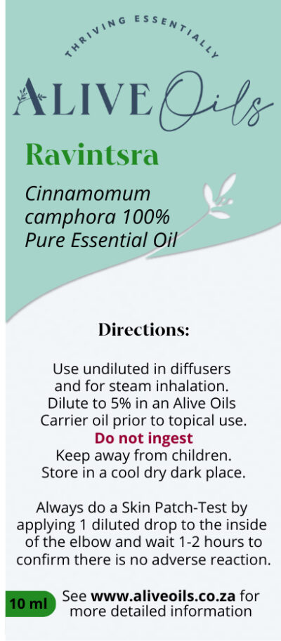 Alive Oils Ravintsara Pure Essential Oil - Cinnamomum camphora - mind energising and excellent for calming nerves, it calms skin infections and is a moisturiser of skin, making it fresh and glowing, it calms the pain and inflammation in sores, pain-calming for exercised muscular pain, sore joints, arthritis, and rheumatism, it calms shingles, strengthens immune health, calms cold symptoms.