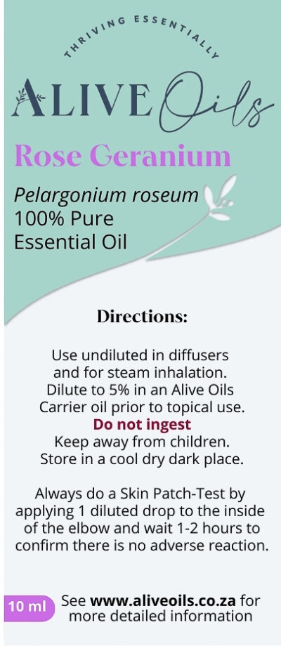 Alive Oils Rose Geranium Pure Essential Oil - Pelargonium graveolens - Antioxidant, anti-inflammatory oil for most skin types, blemish-prone skin, dermatitis, oily skin, age blemishes, puffiness, and calms PMS.