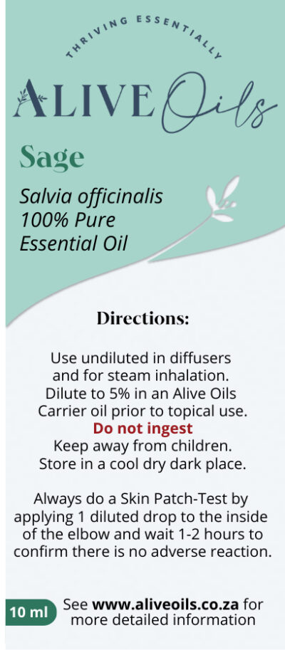 Alive Oils Sage Pure Essential Oil - Salvia officinalis - Sage improves alertness, nerves, liver, spleen, athlete’s foot, dermatitis, menstruation, herpes, disinfects sores, mouth sores, pain-calming.