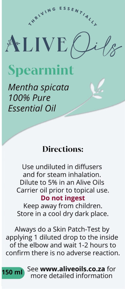 Alive Oils Spearmint Pure Essential Oil - Mentha spicata - A calming oil for stress, nerves, digestion, clears sinus tract, asthma, spasmodic coughs, disinfectant sores, calms menopause, emmenagogue.