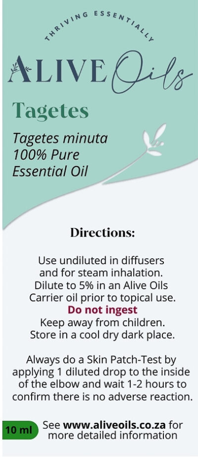 Alive Oils Tagetes Pure Essential Oil - This anti-bacterial disinfectant calms sores, rheumatoid arthritis, athlete’s foot, colitis, anti-fungus, athlete’s foot and calms dermatitis.