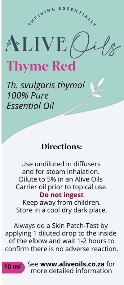 Alive Oils Red Thyme Pure Essential Oil - Thymus vulgaris thymol – Calms nerves, fatigue, lethargy, depression, strengthens immunity, anti-septic gargle for respiratory ailments, flu, coughs, colds, sinus.