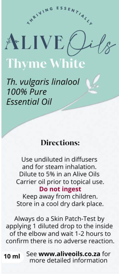 Alive Oils White Thyme - Thymus vulgaris linalool pure essential oil - Anti-bacterial, anti-tussive sleep apnoea, snoring, sinusitis, laryngitis, phlegm, whooping cough, pain calming menstruation, calms Candida.