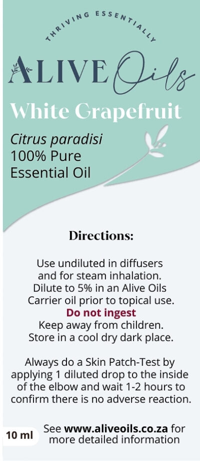 White Grapefruit Pure Essential Oil (Citrus paradisi) is a skin beauty antioxidant for oily skin, acne, skin inflammation, and a firmer, fresher skin tone, a disinfectant for sores, skin infections, respiratory infections, gastrointestinal infections, urinary tract infections, candida, muscle cramping, and hair growth.