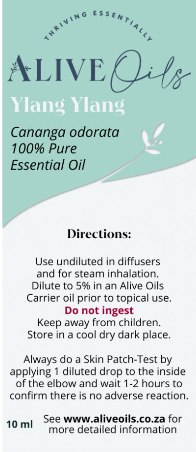 Alive Oils Ylang-Ylang Pure Essential Oil - Cananga odorata - This oil is a sweet and uplifting anti-depressant for euphoric emotion that calms nerves, seizures, disinfectant moisturiser for soft skin.