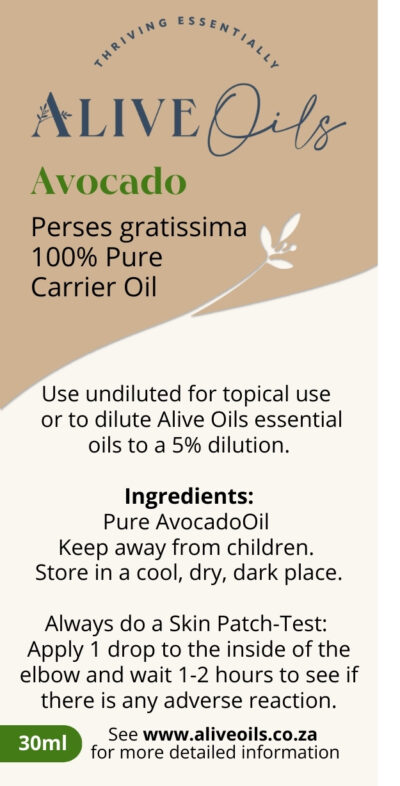 Alive Oils Avocado Oil - is a nourishing oil for beautiful strong hair and moisturising skin beauty, eczema, digestion, glucose, heart health, blood pressure.