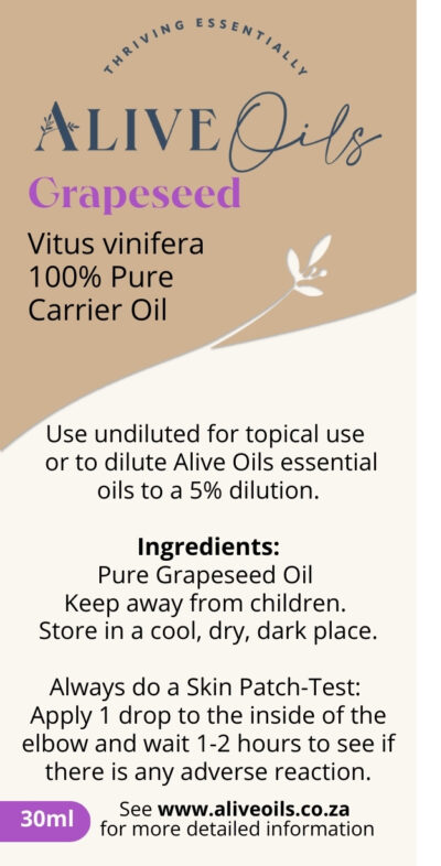 Alive Oils Grapeseed Carrier Oil - Vitus vinifera - has anti-inflammatory, anti-viral, anti-bacterial and circulation strengthening actions for ageing skin, hair health, heavy menstruation, high cholesterol, hemorrhoids, and varicose veins.