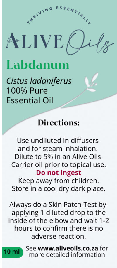 Alive Oils Labdanum Pure Essential Oil - Cistus ladaniferus -calms coughing, unclogs phlegm. Beauty oil for ageing, wrinkled skin & clearer skin tone. Calms joint pain. Disinfects skin, sores.