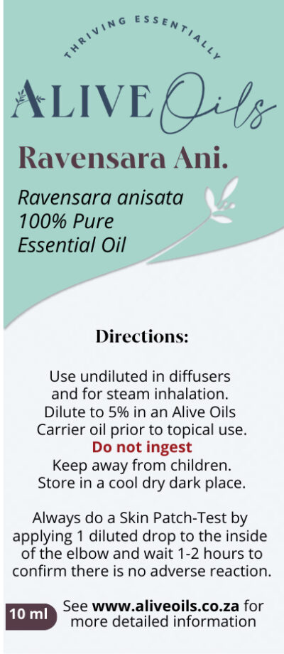 Alive Oils Ravensara Anisata Pure Essential Oil – excellent pain-calming balm for calming muscle pain, spasms and cramps, it has strong anti-viral actions for respiratory infections and a disinfectant, it is an excellent anti-septic, anti-infectious, anti-fungal and anti-bacterial oil for vaporizers and disinfectant sprays and is an uplifting brain and nerve tonic that is excellent for depression and energising for the mind.