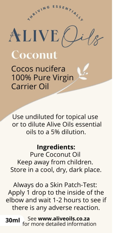 Alive Oils Coconut Pure Carrier Oil -Moisturising for skin and hair health with strong anti-inflammatory, antifungal, antiviral, and antibacterial actions for candida, and eczema.