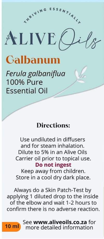 Alive Oils Galbanum Pure Essential Oil - Ferula galbaniflua - for acne, pimples, boils, sores, a soothing anti-spasmodic for muscular cramping, and a pain-calming anti-inflammatory for osteoarthritis and rheumatoid arthritis.