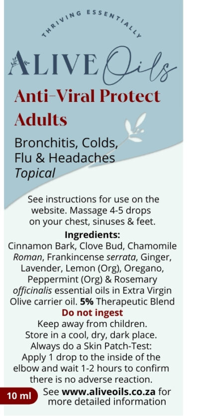 Purchase from Alive Oils Anti-Viral Protect Ingesting Blend of Pure Essential Oils to heal and prevent infections of flu, colds, coughs, tight chests and sore throats.