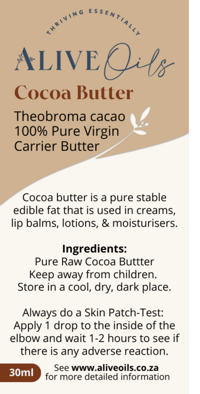 Cocoa Butter Raw (Theobroma cacao) is rich in nourishing fatty acids, Vitamin E antioxidants and moisturisation to replenish dry skin and hair.