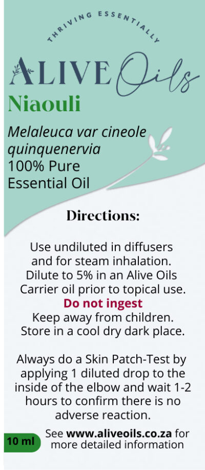 Alive Oils Niaouli Pure Essential Oil - Melaleuca quinquenervia - Niaouli unclogs toughened phlegm from bronchitis, pain-calming for headaches, arthritis, muscle and joint pain, disinfectant skin infections.