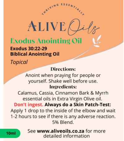 Exodus Anointing Oils. A blend developed from the Biblical anointing oil recipes in the scriptures.