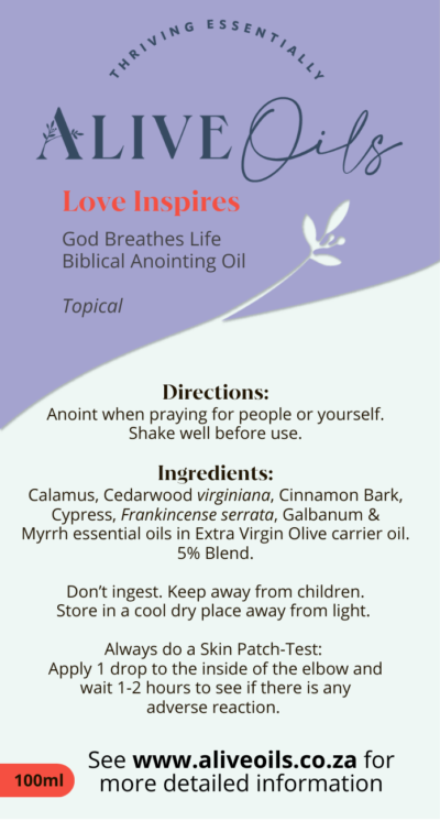 Love Inspires Anointing Oil 100ml. A blend developed from the Biblical anointing oil recipes in the scriptures.